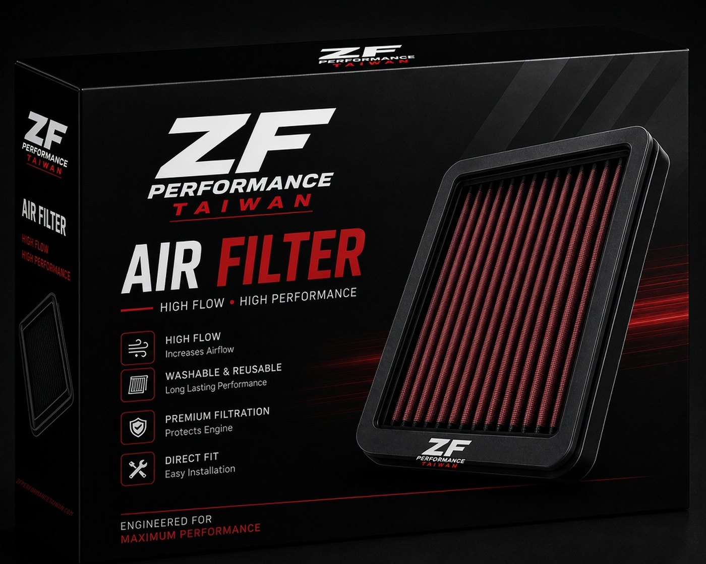 ZF Performance Air Filter retail box with red high-flow panel filter